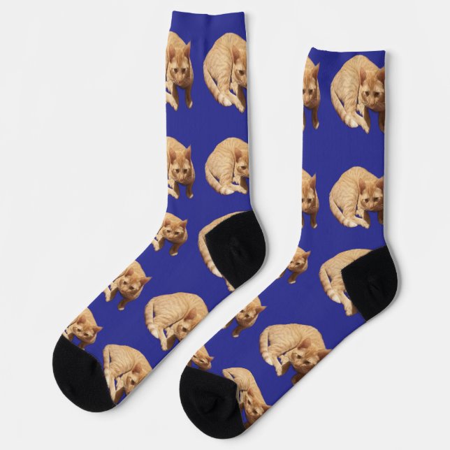 Süße rote Katze Foto-Muster Blau Socken (Linkes Detail)