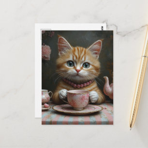 Süße rote Katze in rosa Perlen beim Tee Postkarte