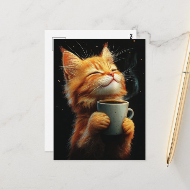 Süße rote Katze mit einem Kaffee Postkarte (Vorderseite/Rückseite Beispiel)