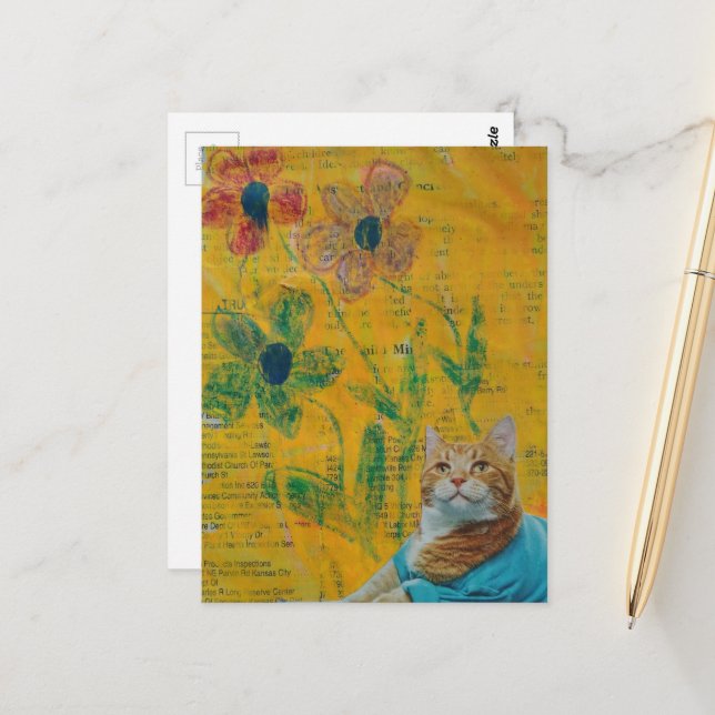 Süße rote Katze und Blumen Collage Postkarte (Vorderseite/Rückseite Beispiel)