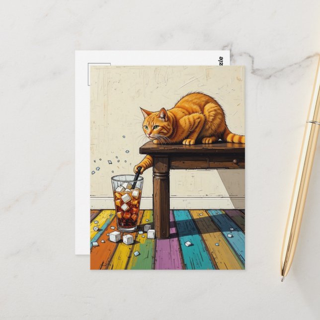 Süße rote Katze verschüttet das Eis Postkarte (Vorderseite/Rückseite Beispiel)