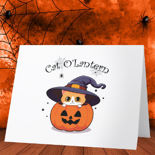 Süße rote Katzenhexe in Halloween-Kürbislaterne Dankeskarte
