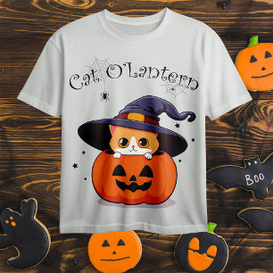 Süße rote Katzenhexe in Halloween-Kürbislaterne T-Shirt