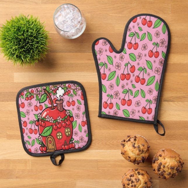 Süße rote Kirsch-Stimmung Cute Mädchen Ästhetik Ofenhandschuh & Topflappen-Set (Oben Unten)