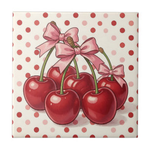 Süße rote Kirschen rosa Schleifen Retro-Punkte Fliese