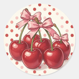 Süße rote Kirschen rosa Schleifen Retro-Punkte Runder Aufkleber