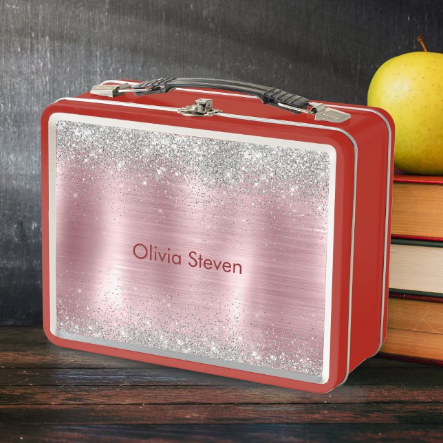 Süße Röte Silber-Faux-Glitter-Monogramm Metall Brotdose (Von Creator hochgeladen)