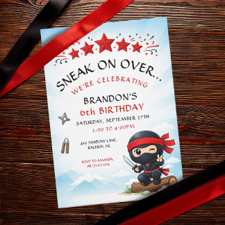 Süße rote Sterne Ninja-Kampfsport-Kindergeburtstag Einladung
