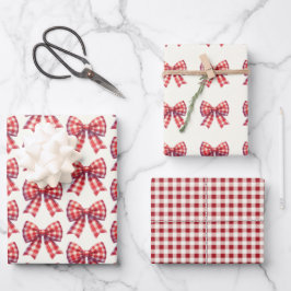 Süße rote und cremefarbene Gingham-Schleife Geschenkpapier Set