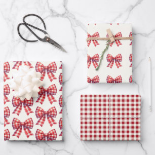 Süße rote und cremefarbene Gingham-Schleife Geschenkpapier Set