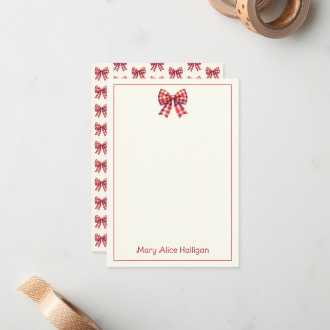 Süße rote und cremefarbene Gingham-Schleife Mitteilungskarte (Vorderseite/Rückseite Beispiel)