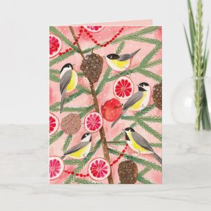 Süße rote und gelbe Chickadee-Vögel Weihnachtsbaum Feiertagskarte
