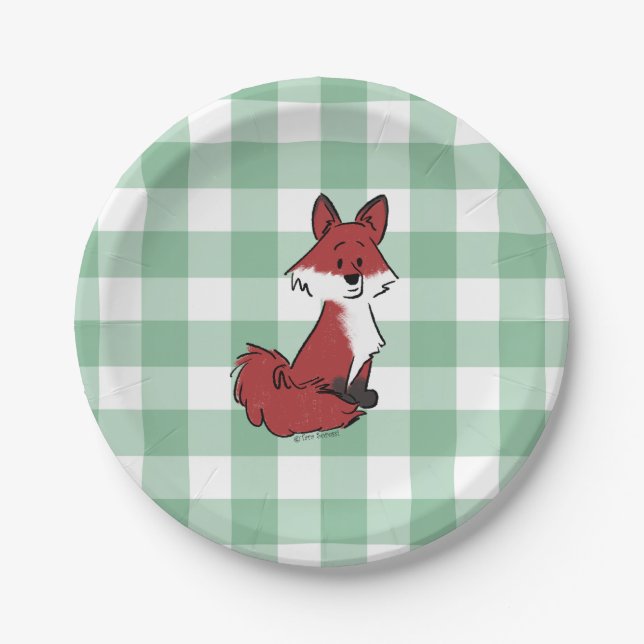 Süße Rotfuchs-Grün-Gingham-Baby-Party Pappteller (Vorderseite)