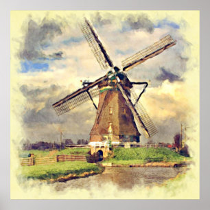 Süße rustikale Vintage-Holländische Windmühle Aqua Poster