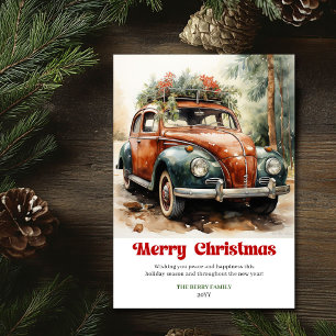 Süße rustikale Weihnachtsszene rotes Auto Winter Feiertagskarte