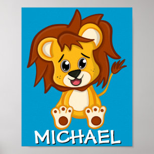 Süße Safari-Löwen-Cartoon-Dschungel-Name Blau Zoo Poster