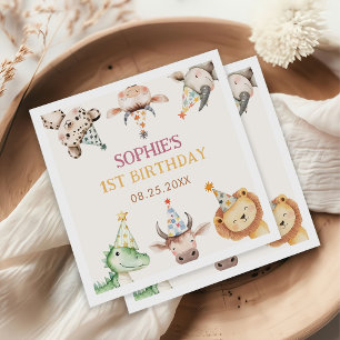 Süße Safari-Tiere Mädchen 1. Geburtstag Servietten