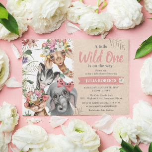 Süße Safari-Tiere Wild One Mädchen Baby Shower Einladung