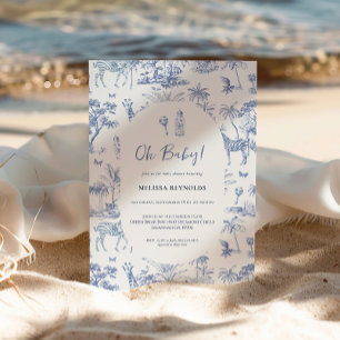 Süße Safari Toile de Jouy   Blaue Babyparty Einladung