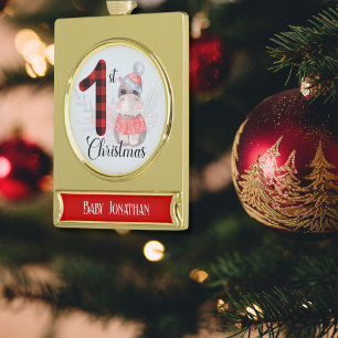 Süße saisonale 1. Weihnachtskariert Baby Nilpferd Banner-Ornament Gold