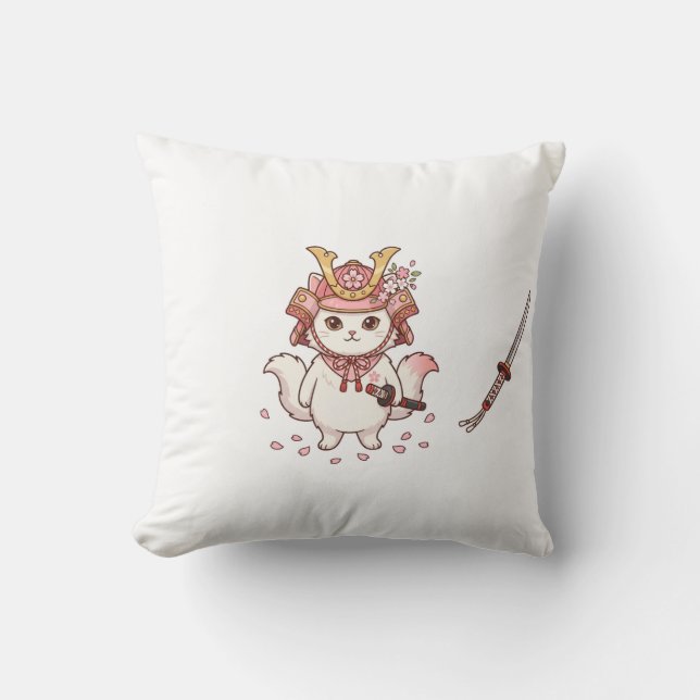 Süße Samurai-Katze in rosa Sakura-Helm Kissen (Vorderseite)