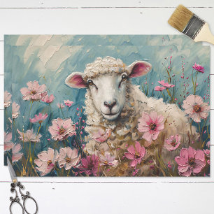 Süße Schafe und rosa Wildblumen Malerei Decoupage Seidenpapier
