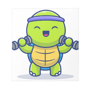 Süße Schildkröte hebt Hanteln Cartoon-Illustration Notizblock