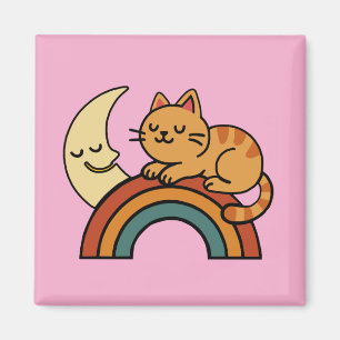 Süße schlafende Katze auf Regenbogen mit Mond – Lu Magnet