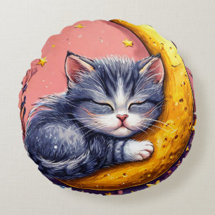 Süße schlafende Katze, die auf einem Halbmond ruht Rundes Kissen