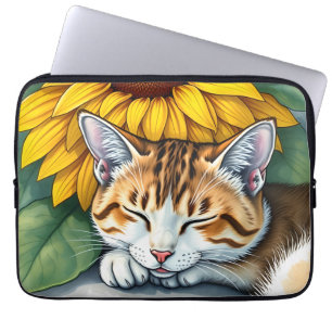 Süße schlafende Kitty-Katze und Sonnenblumen Laptopschutzhülle