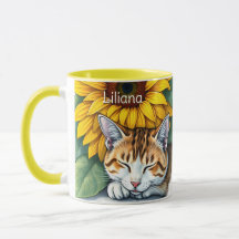 Süße schlafende Kitty-Katze und Sonnenblumen perso