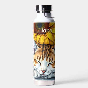 Süße schlafende Kitty-Katze und Sonnenblumen perso Trinkflasche