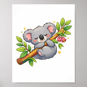 Süße schlafende Koala auf Eukalyptus-Zweig Kawaii Poster