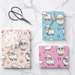 Süße schlafende Schafe und Mond mit Sternen Geschenkpapier Set