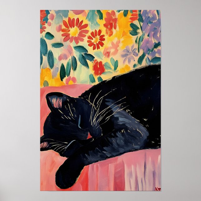 Süße schlafende schwarze Katze Poster (Vorne)