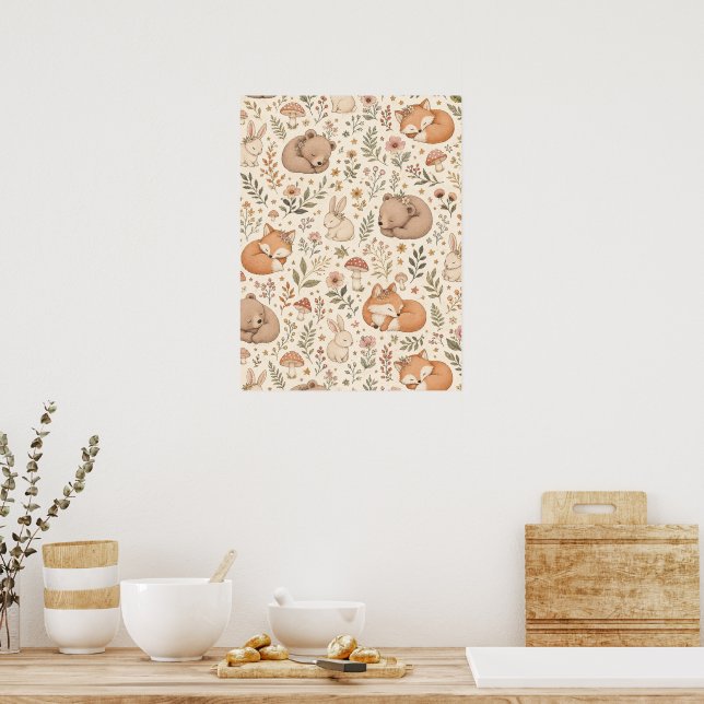 Süße schlafende Waldtiere Boho-Muster (Fuchs,  Poster (Küche)