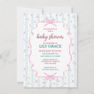 Süße Schleife & Florale Streifen-Baby-Party Mitteilungskarte