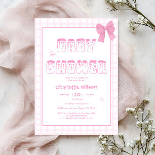 Süße Schleife Pastellrosa Gingham-Baby-Party Einladung