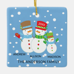 Süße Schneemann-Familie mit 3 Weihnachtsbaumanhäng Keramikornament
