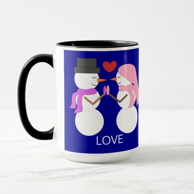 Süße Schneemenschen in Liebe: Dunkelblau Tasse (Links)