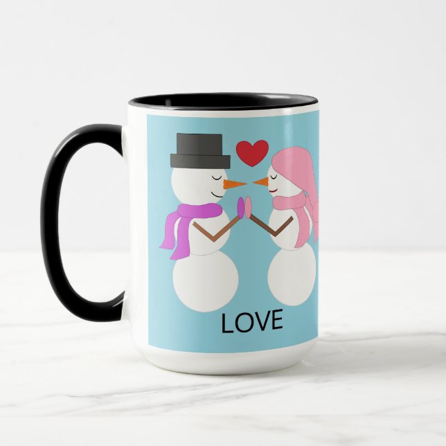 Süße Schneemenschen in Liebe: Hellblau Tasse (Links)