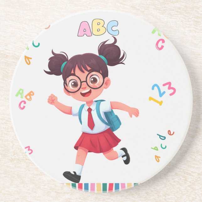 Süße Schulmädchen-ABC-123-Lernillustration Getränkeuntersetzer (Vorne)