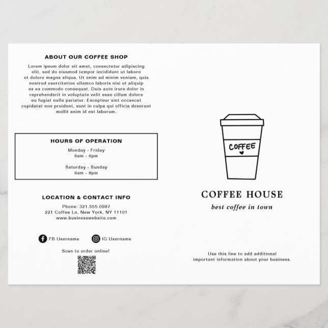 Süße Schwarz-Weiß-Kaffeetasse Kaffeehaus-Menü Flyer (Vorne)