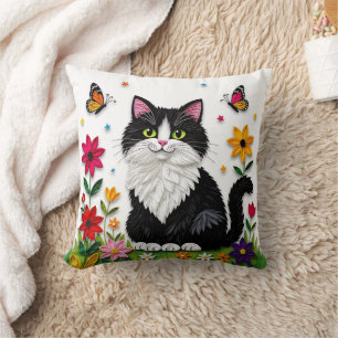 Süße Schwarz-Weiß-Katze, Blumen und Schmetterlinge Kissen