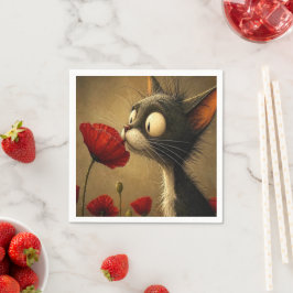 Süße Schwarz-Weiß-Katze Rote Blume Papier Serviett Serviette
