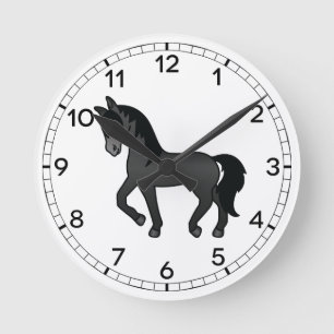 Süße schwarze Cartoon-Trabpferd-Illustration Runde Wanduhr