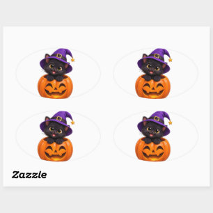 Süße schwarze Halloween-Katze Hexe Kürbis Aufklebe Ovaler Aufkleber