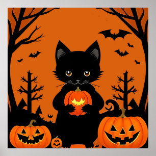 Süße schwarze Halloween-Kürbisse mit Katze Gruseli Poster