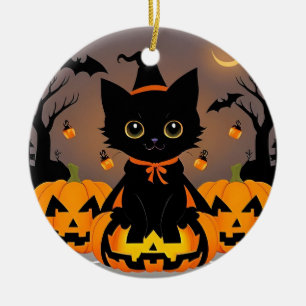 🧙‍♀️🐱 Süße schwarze Kätzchen-Hexen-Halloween-Mag Keramik Ornament