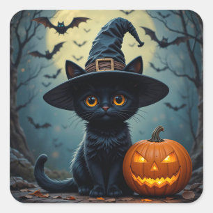 Süße schwarze Kätzchen-Kürbis-Hexenhut-Halloween-S Quadratischer Aufkleber